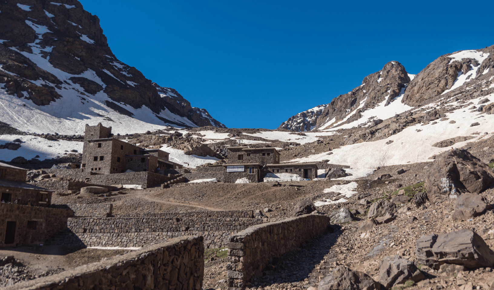 Mountain refuge in the High Atlas Mountains during the Mount Toubkal winter trek